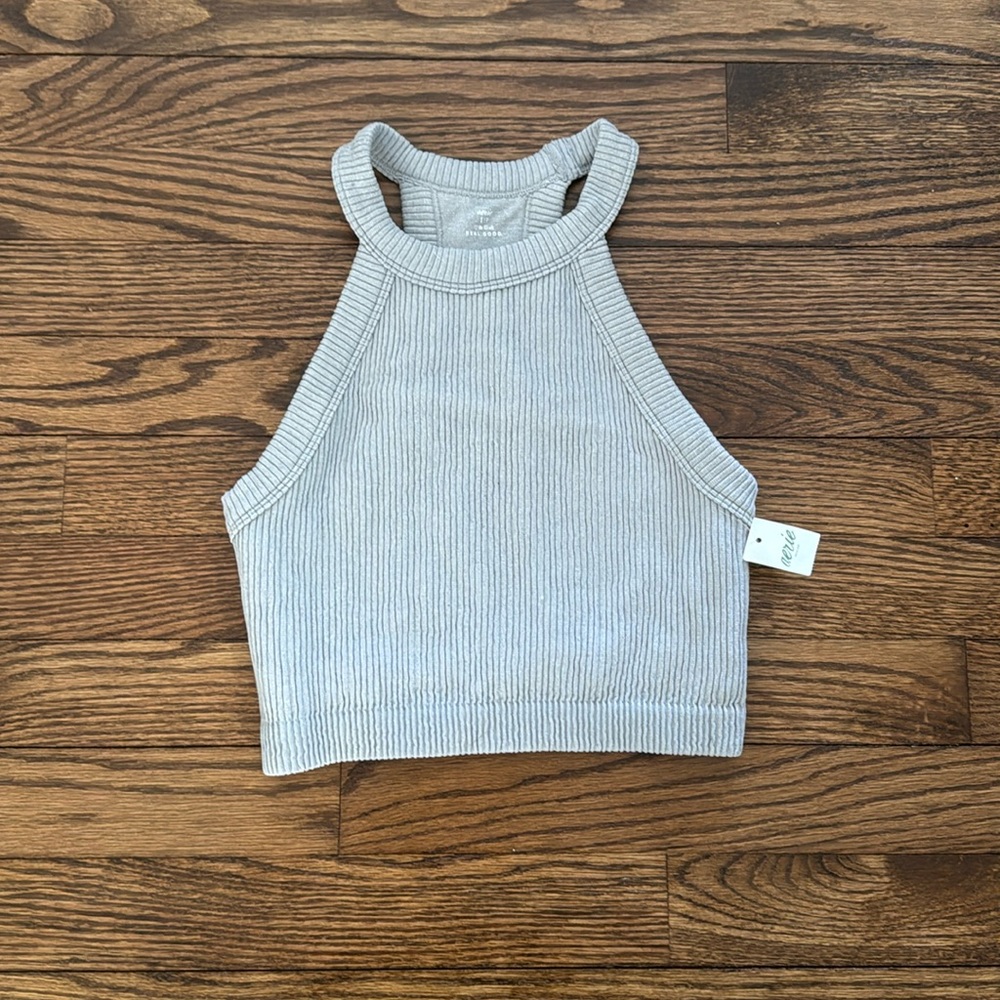 aerie Ribbed High Neck Tank Top in Light Gray